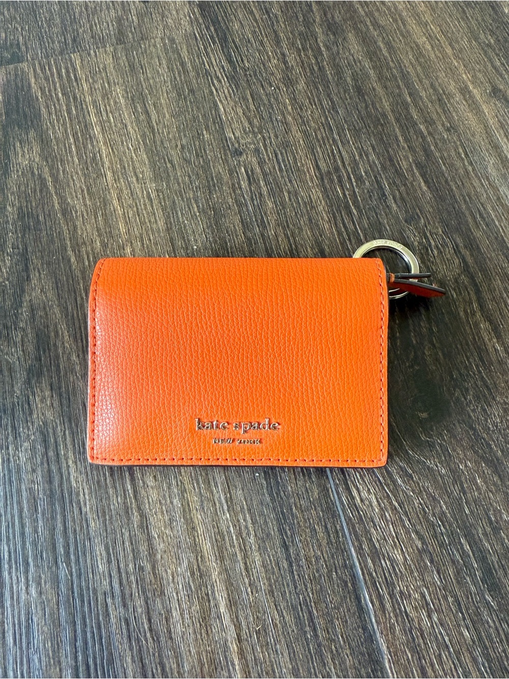 kate spade bright orange leather key card case with ring